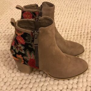 Floral Embroidered Ankle Boots - Taupe and Multicolor